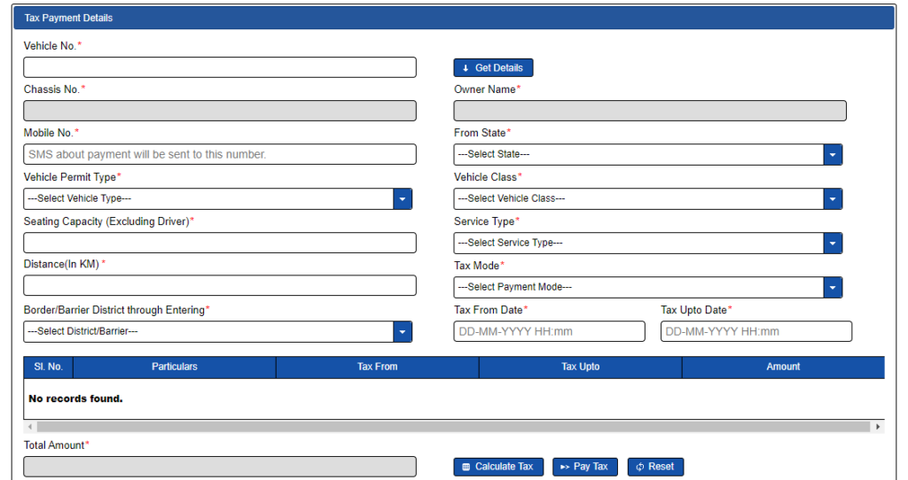 Parivahan sewa Tax Payment Details Form