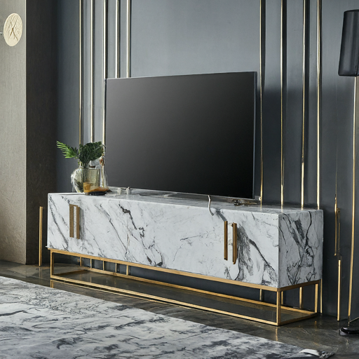 TV cabinet design made of marble with metal